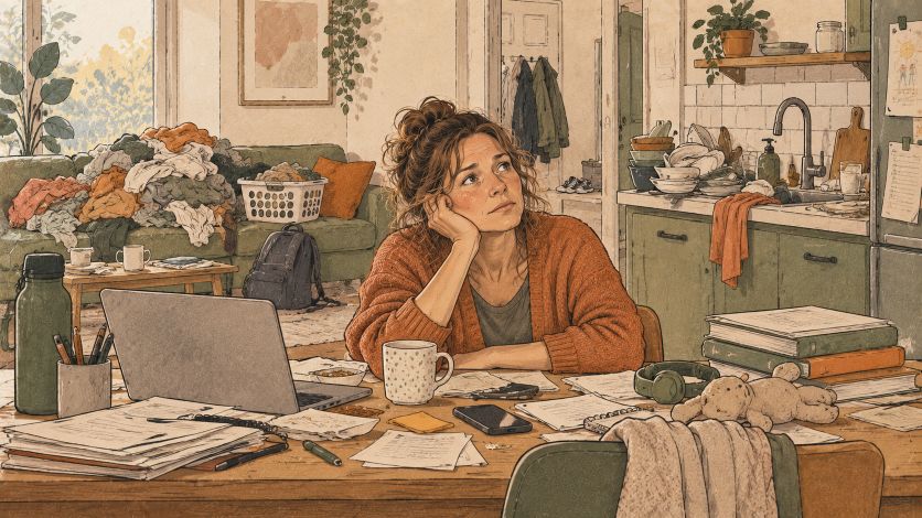 moeder aan tafel te midden van de dagelijkse drukte en chaos