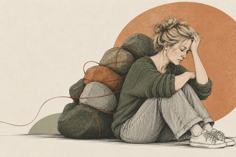 Moeder met een lading stenen op haar rug als beeld voor schuldgevoel als moeder