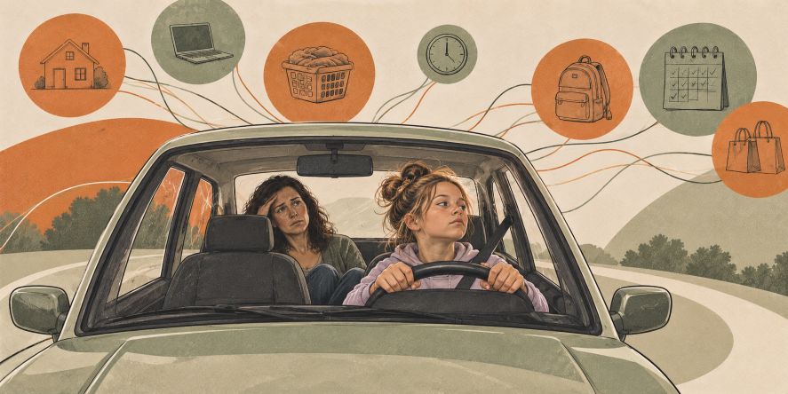 Tekening van een moeder achterin de auto terwijl haar kind achter het stuur zit en moeder allemaal bollen met dingen die moeten gebeuren uit haar hoofd laat komen